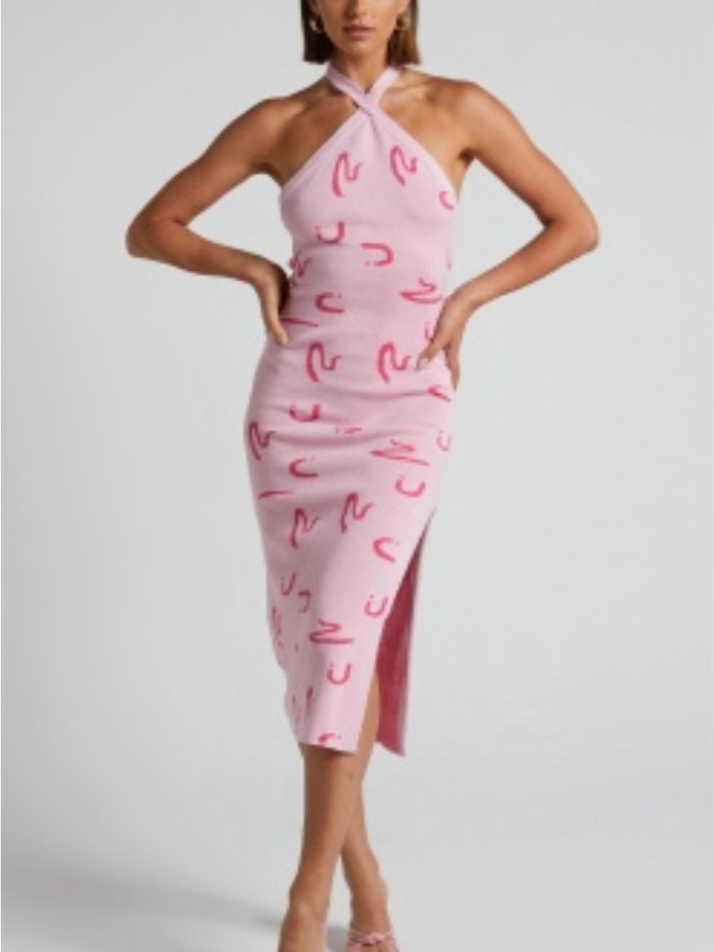 Showpo Pink Halter Midi Dress with Abstract Print